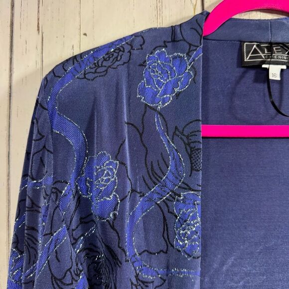 Alex Evenings Blue Floral Metallic Open Front Jacket Size 16 Elegant Formalwear - Picture 2 of 13